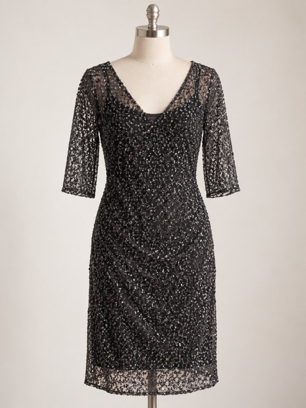 Kay Unger New York Women Size 10 Black Sequin Lace Overlay Dress Glam Y2K